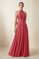 Lace Halter A - Line Chiffon Bridesmaid Dress in Merlot - KissProm Bridesmaid Dresses