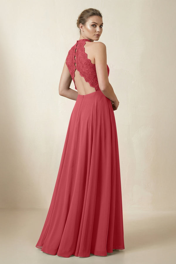 Lace Halter A - Line Chiffon Bridesmaid Dress in Merlot - KissProm Bridesmaid Dresses
