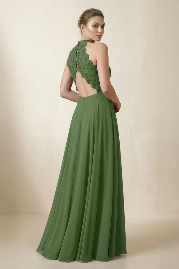 Lace Halter A - Line Chiffon Bridesmaid Dress in Moss - KissProm Bridesmaid Dresses