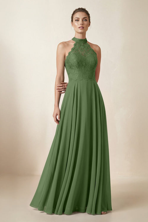 Lace Halter A - Line Chiffon Bridesmaid Dress in Moss - KissProm Bridesmaid Dresses