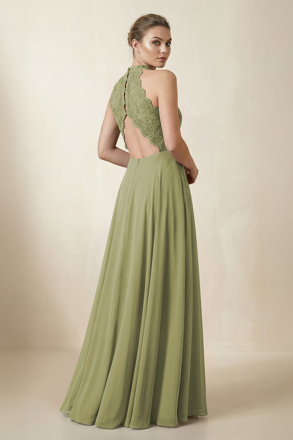 Lace Halter A - Line Chiffon Bridesmaid Dress in Moss Green - KissProm Bridesmaid Dresses