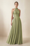 Lace Halter A - Line Chiffon Bridesmaid Dress in Moss Green - KissProm Bridesmaid Dresses
