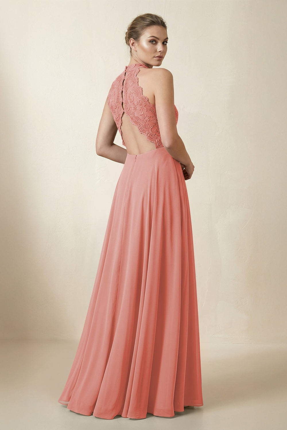 Lace Halter A - Line Chiffon Bridesmaid Dress in Mulberry - KissProm Bridesmaid Dresses