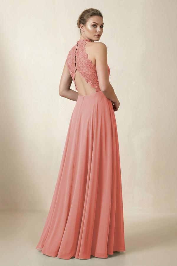 Lace Halter A - Line Chiffon Bridesmaid Dress in Mulberry - KissProm Bridesmaid Dresses