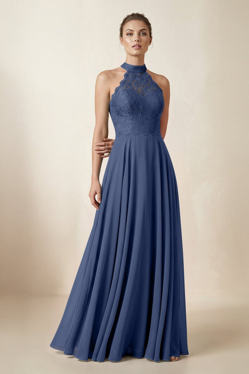 Lace Halter A - Line Chiffon Bridesmaid Dress in Navy - KissProm Bridesmaid Dresses