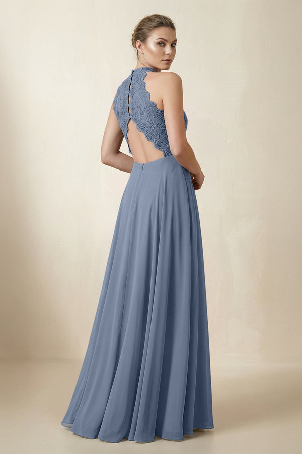 Lace Halter A - Line Chiffon Bridesmaid Dress in Neptune - KissProm Bridesmaid Dresses