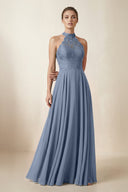 Lace Halter A - Line Chiffon Bridesmaid Dress in Neptune - KissProm Bridesmaid Dresses