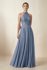 Lace Halter A - Line Chiffon Bridesmaid Dress in Neptune - KissProm Bridesmaid Dresses