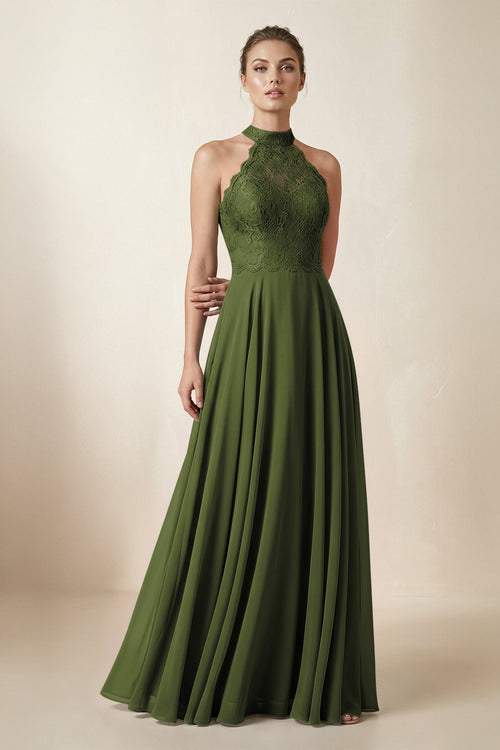 Lace Halter A - Line Chiffon Bridesmaid Dress in Olive - KissProm Bridesmaid Dresses