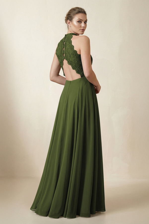 Lace Halter A - Line Chiffon Bridesmaid Dress in Olive - KissProm Bridesmaid Dresses
