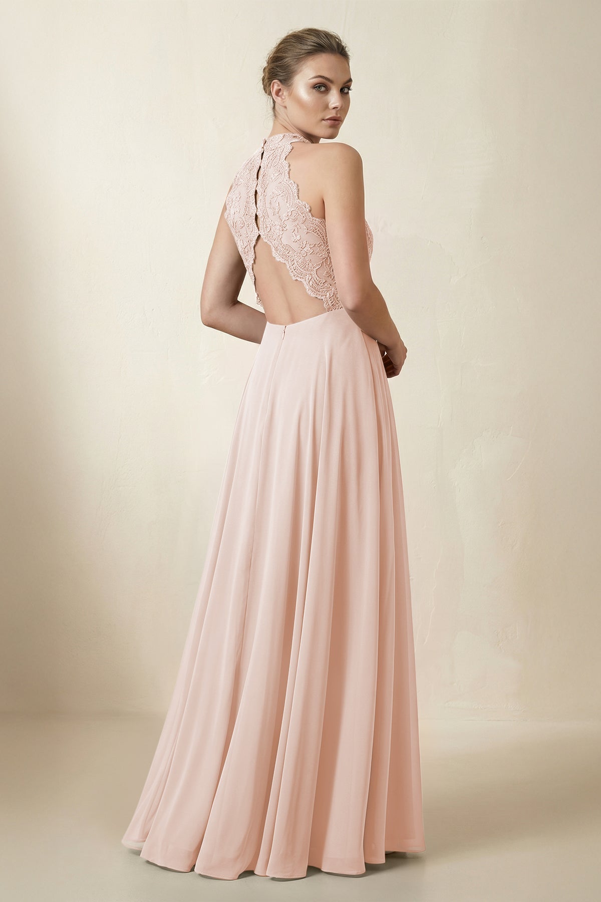 KissProm Lace Halter A-Line Chiffon Bridesmaid Dress in Pale Blush, Pale Blush / 4