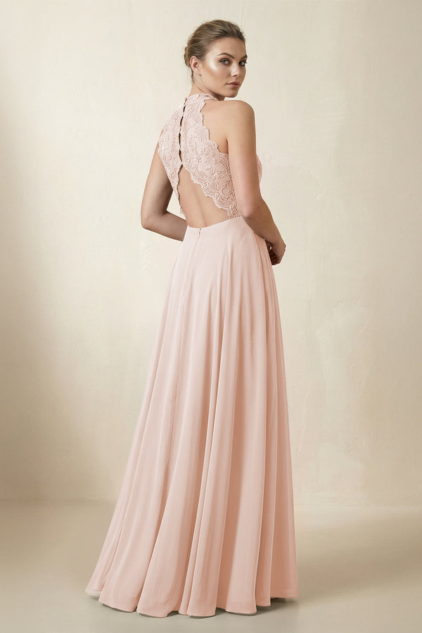 Lace Halter A - Line Chiffon Bridesmaid Dress in Pale Blush - KissProm Bridesmaid Dresses