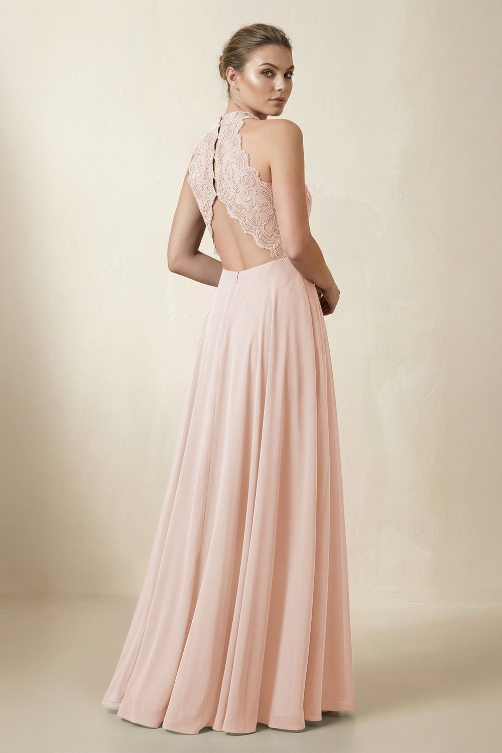 Lace Halter A - Line Chiffon Bridesmaid Dress in Pale Blush - KissProm Bridesmaid Dresses