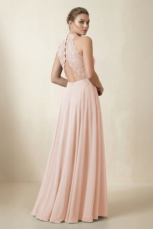 Lace Halter A - Line Chiffon Bridesmaid Dress in Pale Blush - KissProm Bridesmaid Dresses