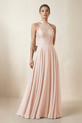 Lace Halter A - Line Chiffon Bridesmaid Dress in Pale Blush - KissProm Bridesmaid Dresses