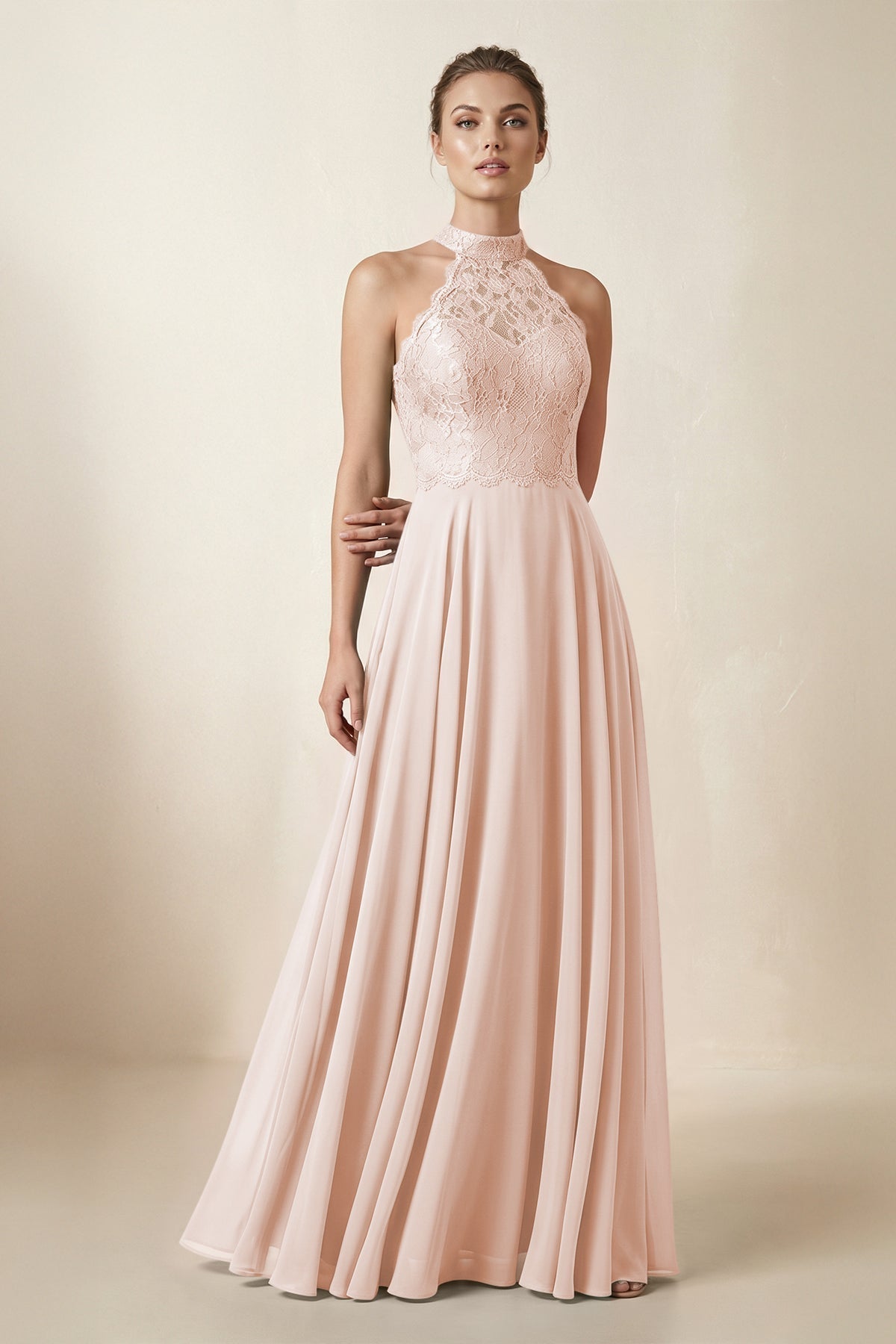 KissProm Lace Halter A-Line Chiffon Bridesmaid Dress in Pale Blush, Pale Blush / 4