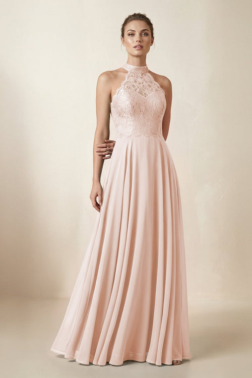 Lace Halter A - Line Chiffon Bridesmaid Dress in Pale Blush - KissProm Bridesmaid Dresses