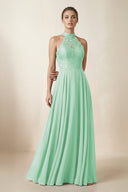 Lace Halter A - Line Chiffon Bridesmaid Dress in Pale Pistachio - KissProm Bridesmaid Dresses