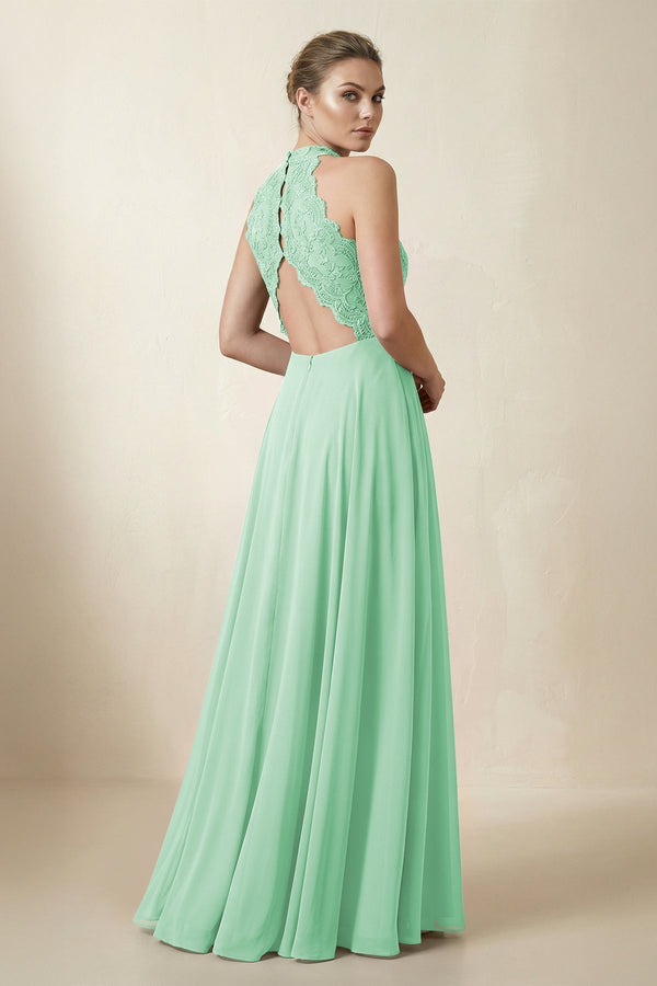 Lace Halter A - Line Chiffon Bridesmaid Dress in Pale Pistachio - KissProm Bridesmaid Dresses