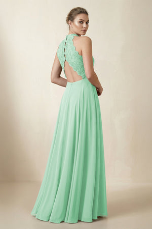 Lace Halter A - Line Chiffon Bridesmaid Dress in Pale Pistachio - KissProm Bridesmaid Dresses