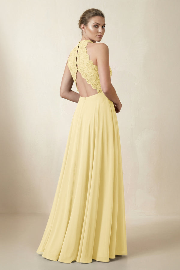 Lace Halter A - Line Chiffon Bridesmaid Dress in Pastel Yellow - KissProm Bridesmaid Dresses