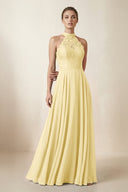 Lace Halter A - Line Chiffon Bridesmaid Dress in Pastel Yellow - KissProm Bridesmaid Dresses