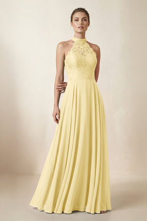 Lace Halter A - Line Chiffon Bridesmaid Dress in Pastel Yellow - KissProm Bridesmaid Dresses
