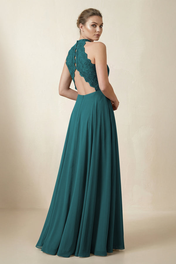 Lace Halter A - Line Chiffon Bridesmaid Dress in Pine - KissProm Bridesmaid Dresses