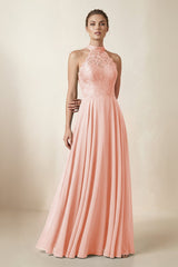 Lace Halter A - Line Chiffon Bridesmaid Dress in Rose Petal - KissProm Bridesmaid Dresses