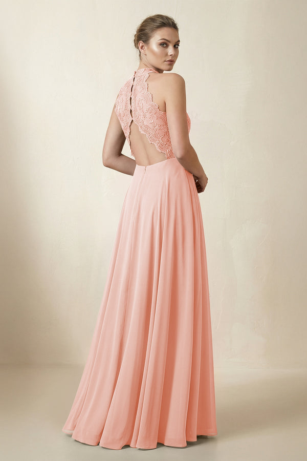 Lace Halter A - Line Chiffon Bridesmaid Dress in Rose Petal - KissProm Bridesmaid Dresses