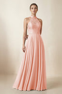 Lace Halter A - Line Chiffon Bridesmaid Dress in Rose Petal - KissProm Bridesmaid Dresses