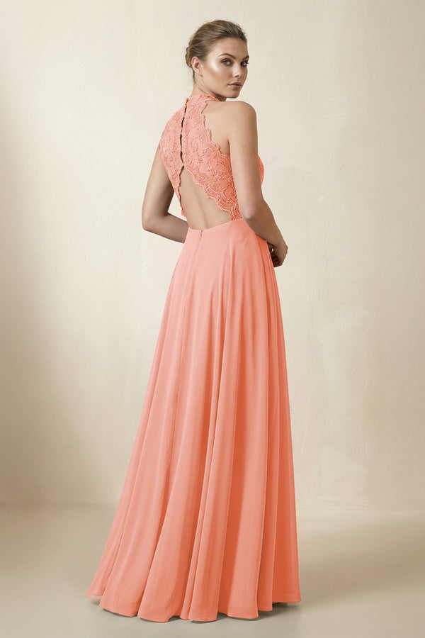 Lace Halter A - Line Chiffon Bridesmaid Dress in Rosette - KissProm Bridesmaid Dresses