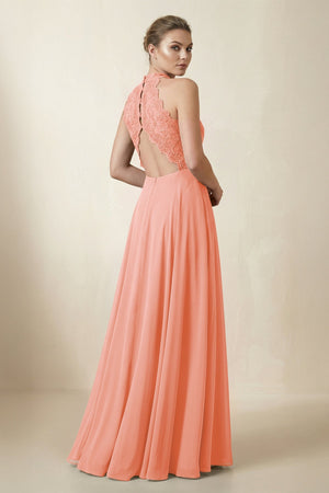 Lace Halter A - Line Chiffon Bridesmaid Dress in Rosette - KissProm Bridesmaid Dresses