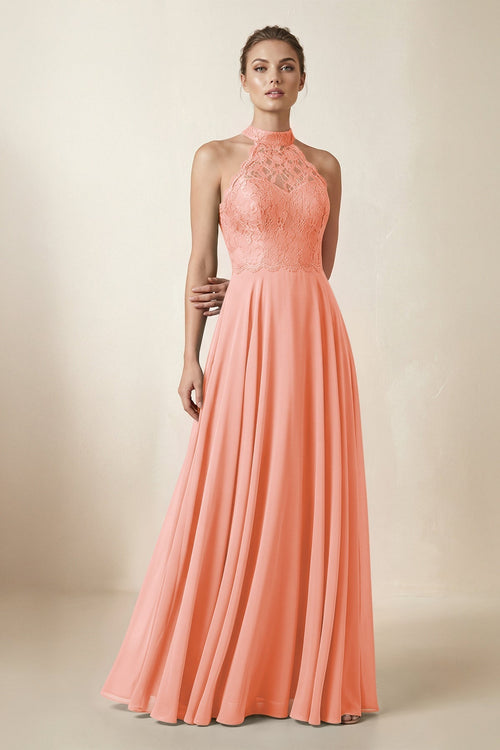 Lace Halter A - Line Chiffon Bridesmaid Dress in Rosette - KissProm Bridesmaid Dresses