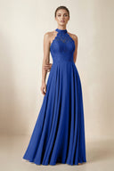 Lace Halter A - Line Chiffon Bridesmaid Dress in Royal Blue - KissProm Bridesmaid Dresses