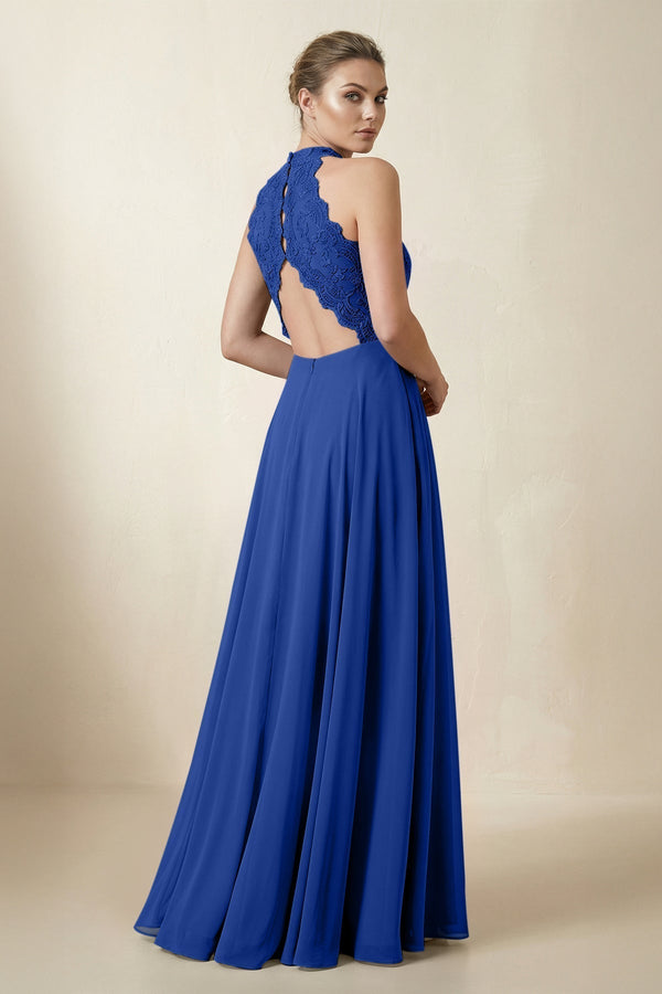 Lace Halter A - Line Chiffon Bridesmaid Dress in Royal Blue - KissProm Bridesmaid Dresses