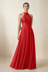 Lace Halter A - Line Chiffon Bridesmaid Dress in Ruby Red - KissProm Bridesmaid Dresses