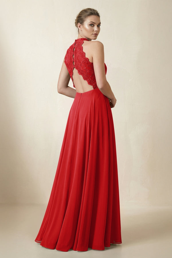 Lace Halter A - Line Chiffon Bridesmaid Dress in Ruby Red - KissProm Bridesmaid Dresses