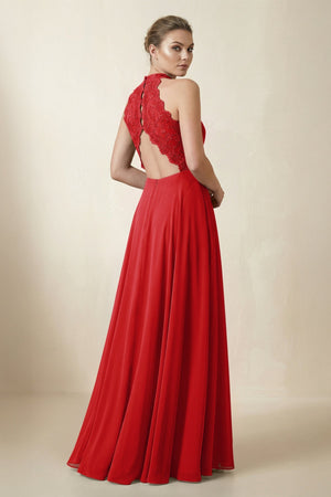 Lace Halter A - Line Chiffon Bridesmaid Dress in Ruby Red - KissProm Bridesmaid Dresses
