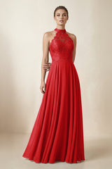 Lace Halter A - Line Chiffon Bridesmaid Dress in Ruby Red - KissProm Bridesmaid Dresses