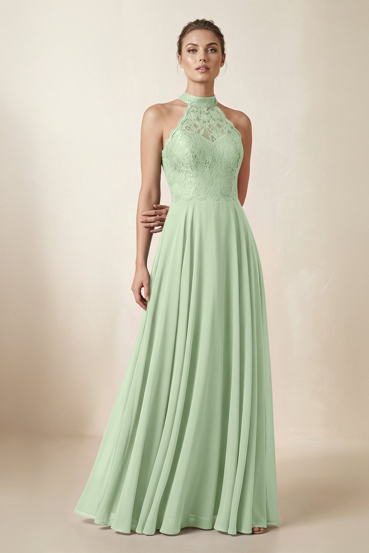 KissProm Lace Halter A-Line Chiffon Bridesmaid Dress in Sage, Sage / 24