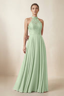 Lace Halter A - Line Chiffon Bridesmaid Dress in Sage - KissProm Bridesmaid Dresses