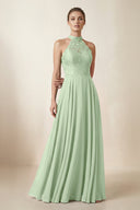 Lace Halter A - Line Chiffon Bridesmaid Dress in Sage - KissProm Bridesmaid Dresses