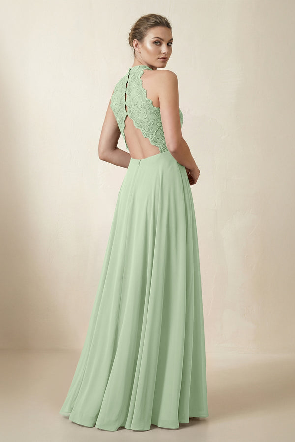 Lace Halter A - Line Chiffon Bridesmaid Dress in Sage - KissProm Bridesmaid Dresses