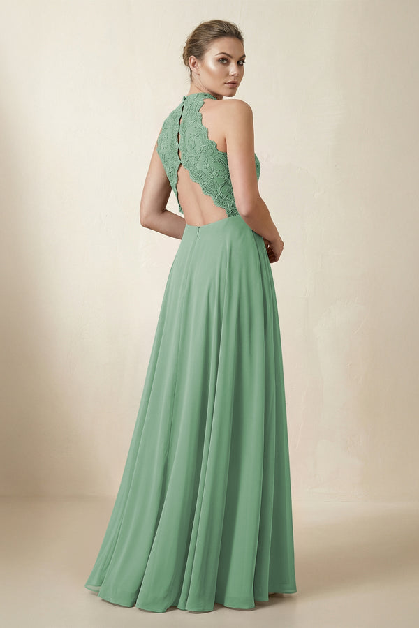 Lace Halter A - Line Chiffon Bridesmaid Dress in Sea Glass - KissProm Bridesmaid Dresses