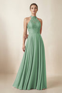 Lace Halter A - Line Chiffon Bridesmaid Dress in Sea Glass - KissProm Bridesmaid Dresses