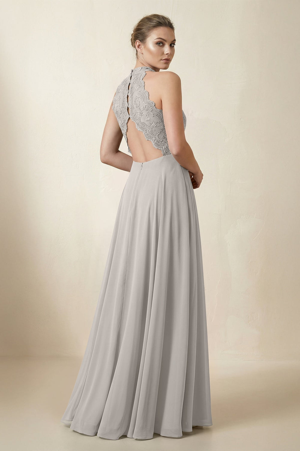 Lace Halter A - Line Chiffon Bridesmaid Dress in Silver - KissProm Bridesmaid Dresses
