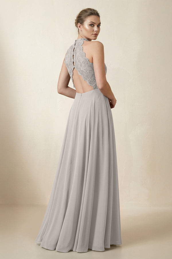 Lace Halter A - Line Chiffon Bridesmaid Dress in Silver - KissProm Bridesmaid Dresses