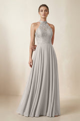Lace Halter A - Line Chiffon Bridesmaid Dress in Silver - KissProm Bridesmaid Dresses