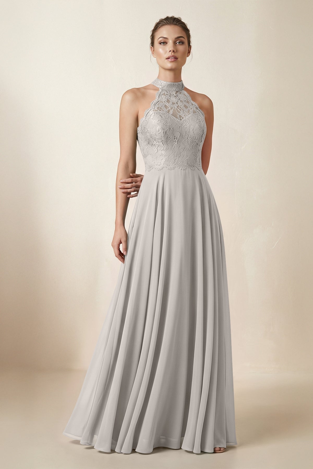 KissProm Lace Halter A-Line Chiffon Bridesmaid Dress in Silver, Silver / 18
